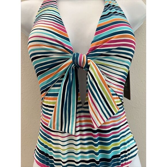 Vince Camuto Sz 8 Standard Tie Front Halter One Piece Multicolor Striped - Picture 7 of 12